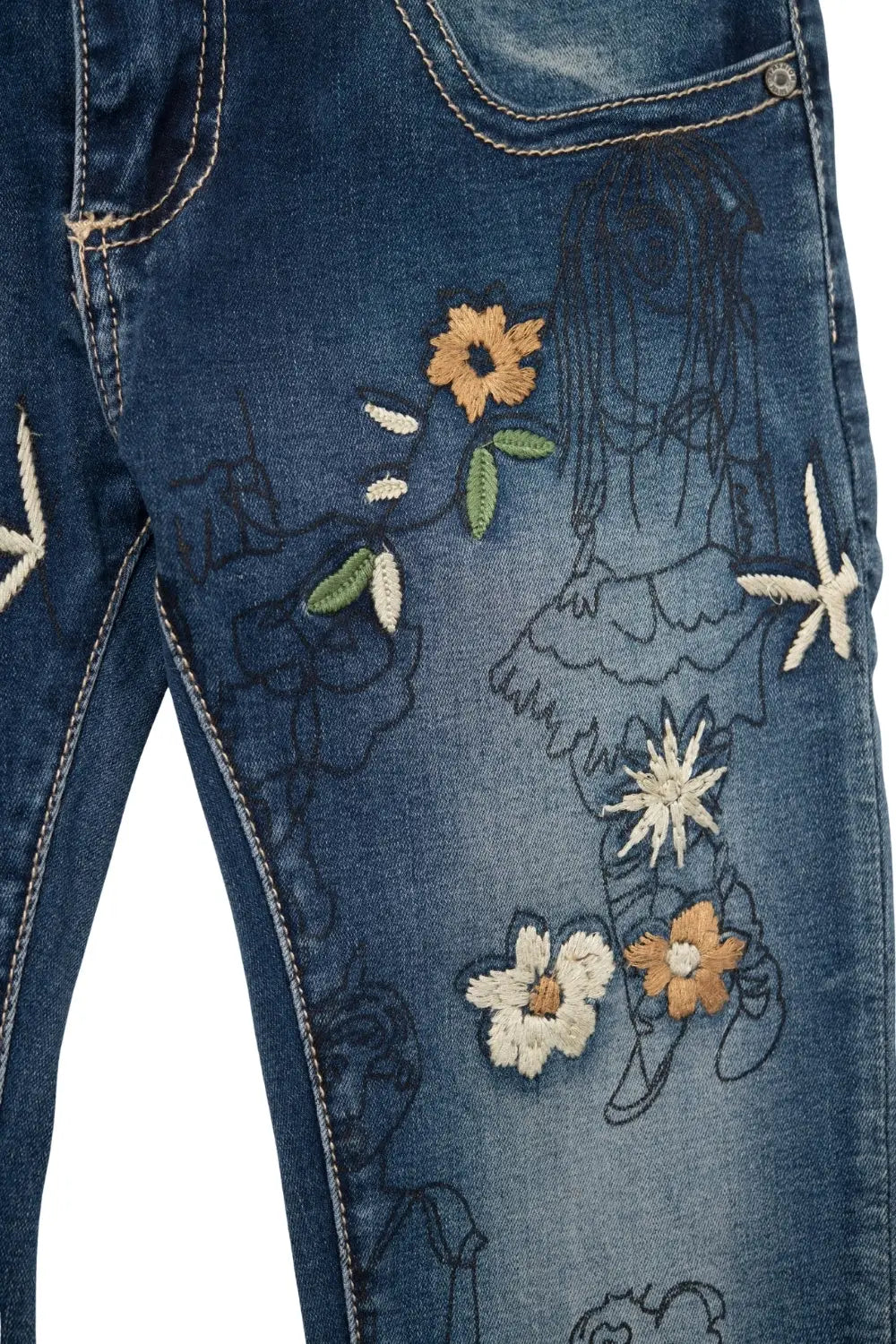 Jean skinny à fleurs brodées multicolores - Pantalons