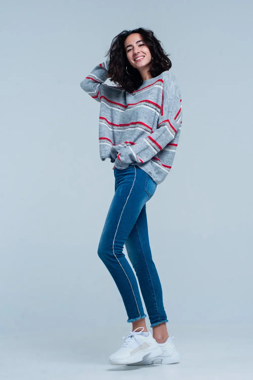 Jean skinny à franges avec bande latérale en strass - Pantalons
