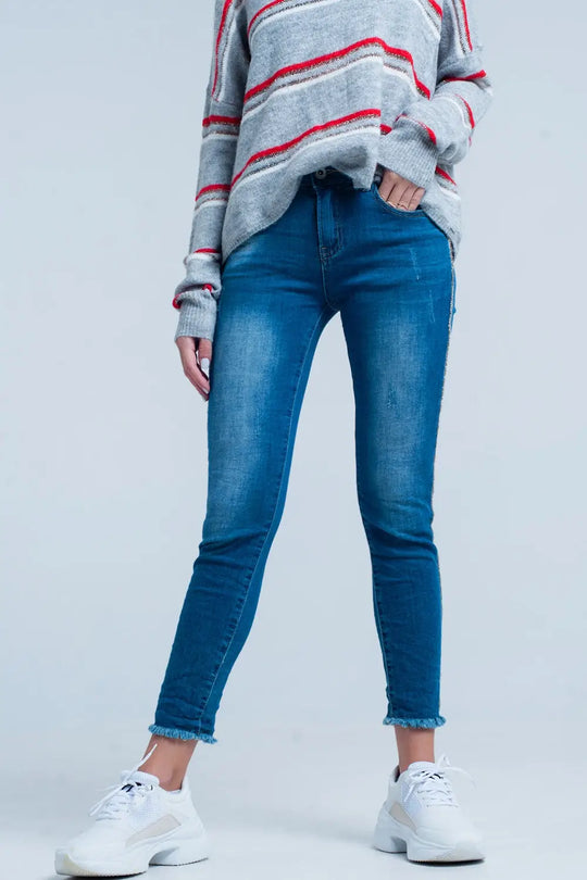 Jean skinny à franges avec bande latérale en strass - Pantalons