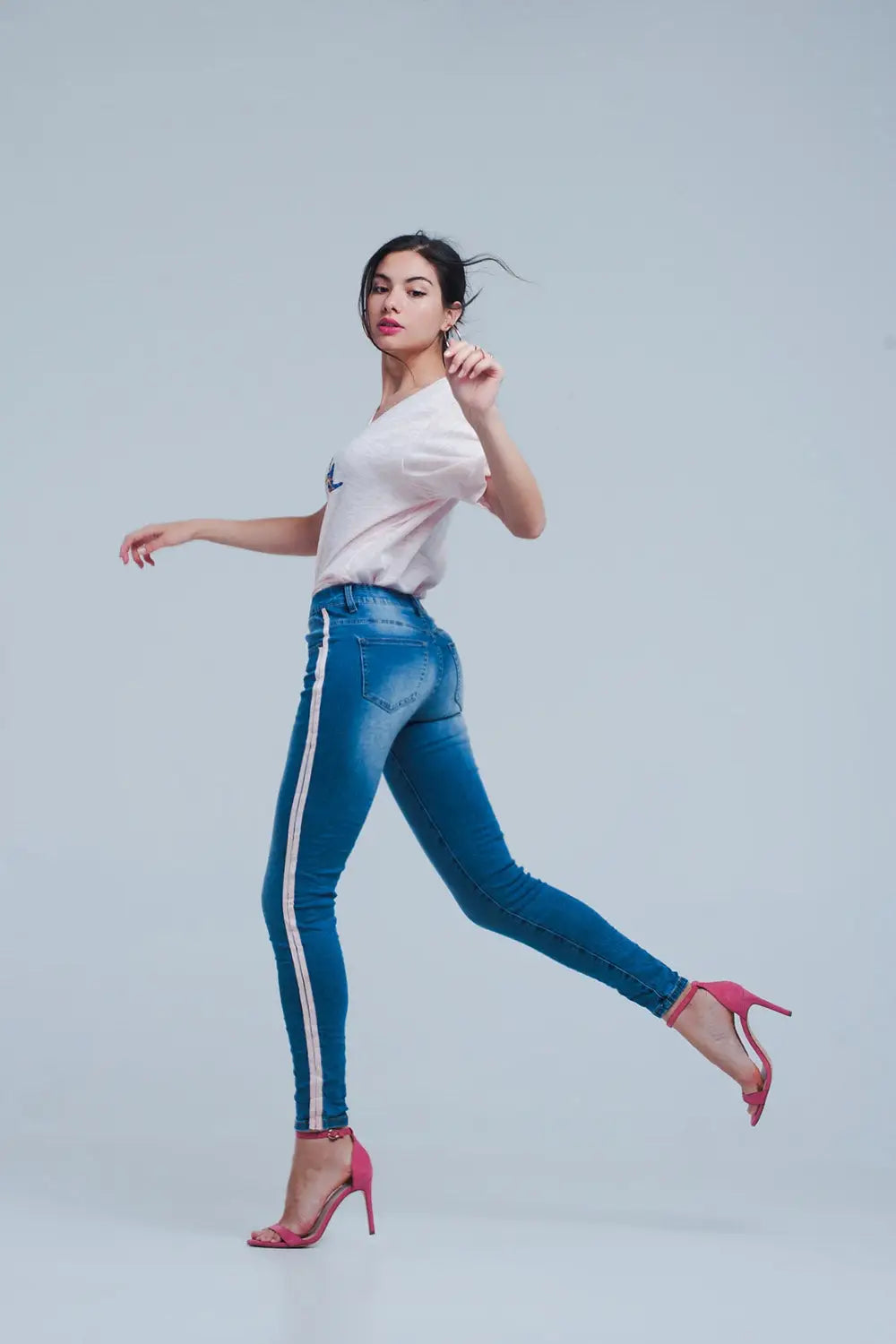 Jean skinny à rayures latérales roses - Pantalons