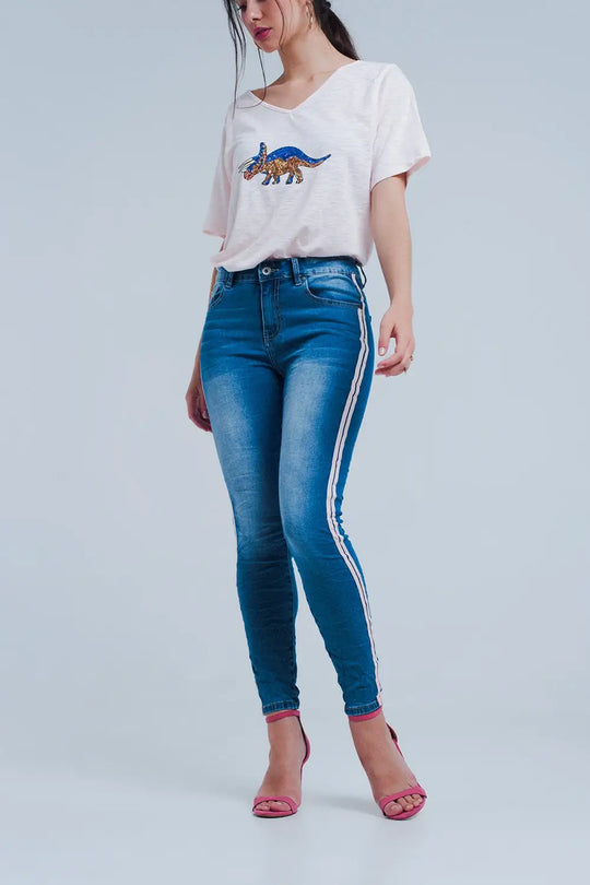 Jean skinny à rayures latérales roses - Pantalons