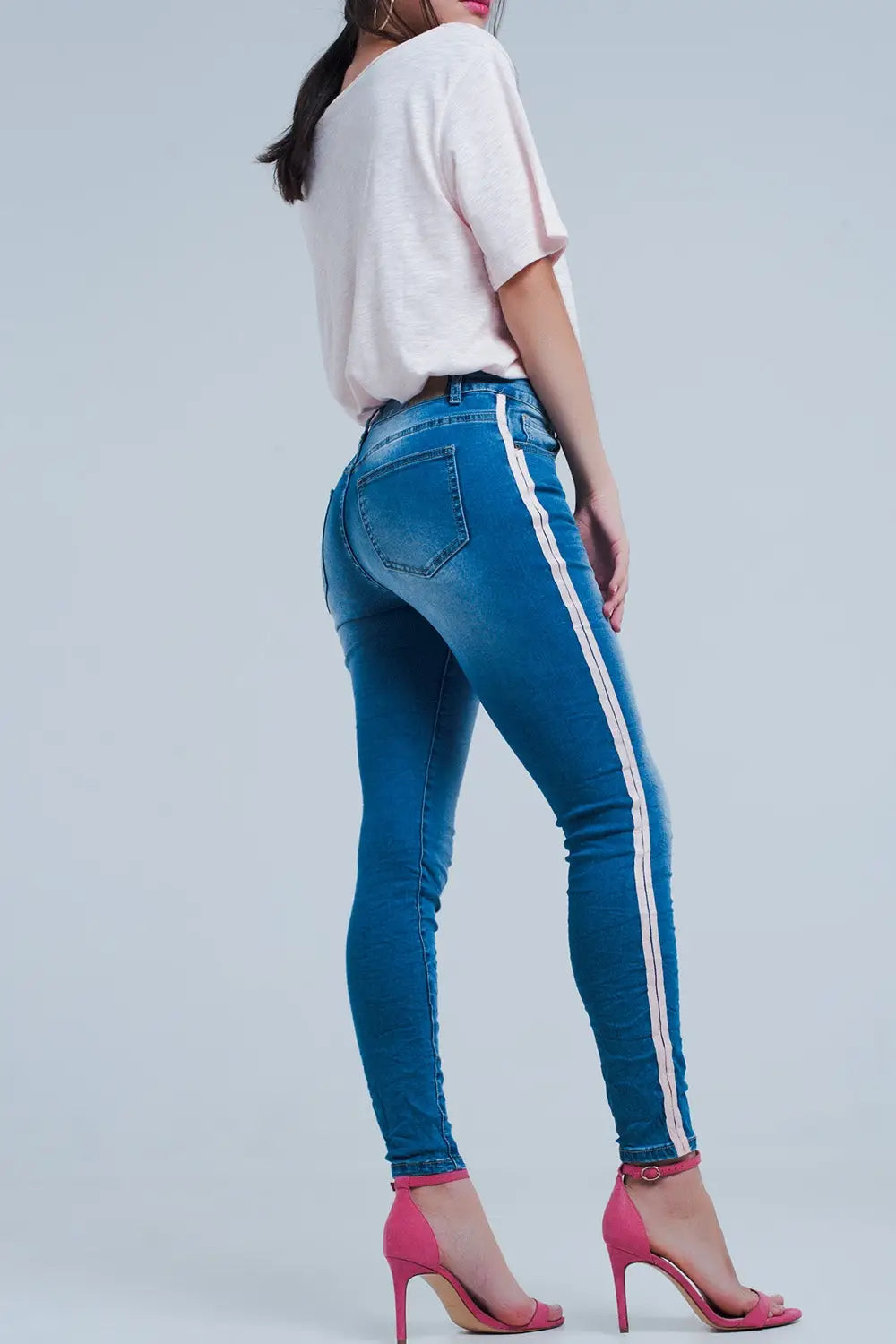 Jean skinny à rayures latérales roses - Pantalons