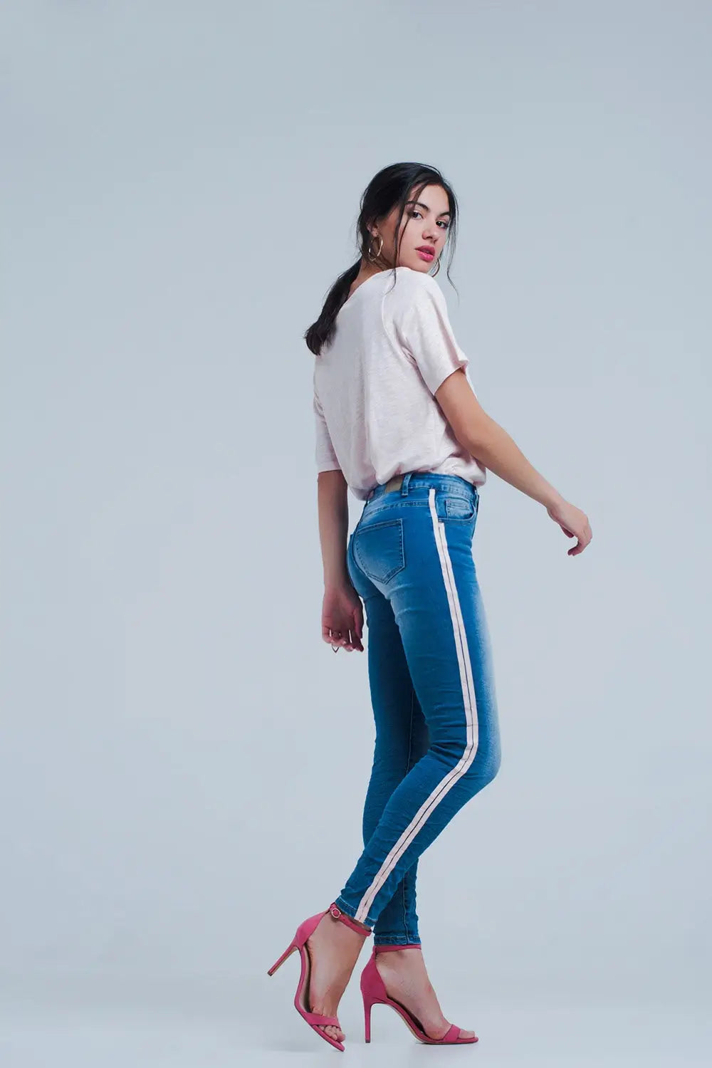 Jean skinny à rayures latérales roses - Pantalons