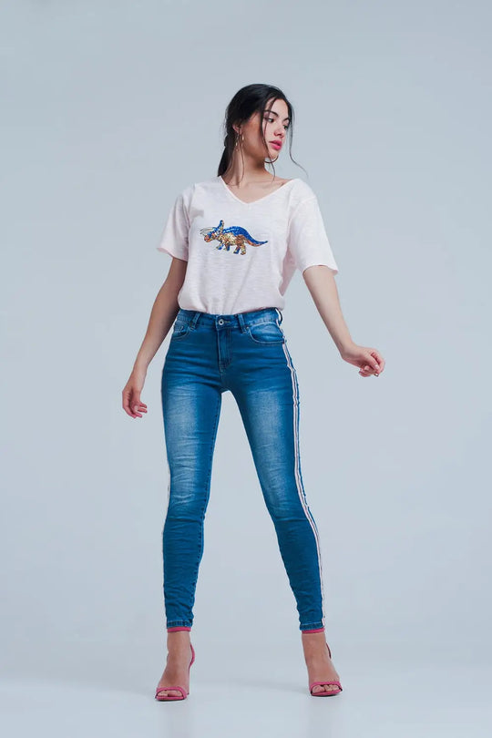 Jean skinny à rayures latérales roses - Pantalons