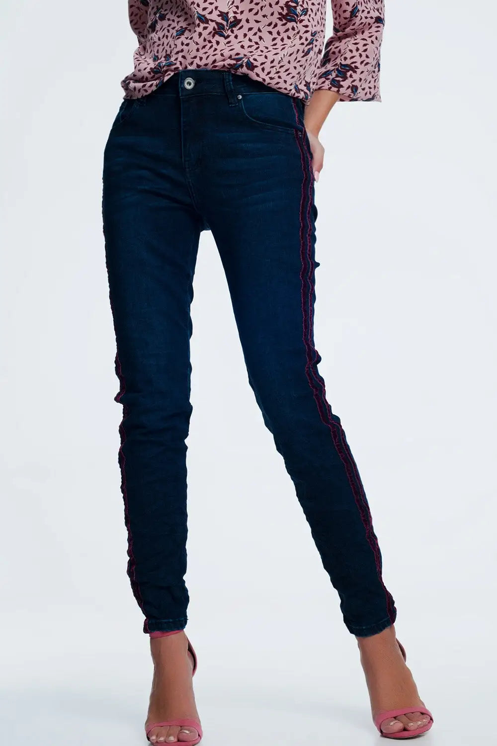 Jean skinny à rayures style sport rouge - Pantalons