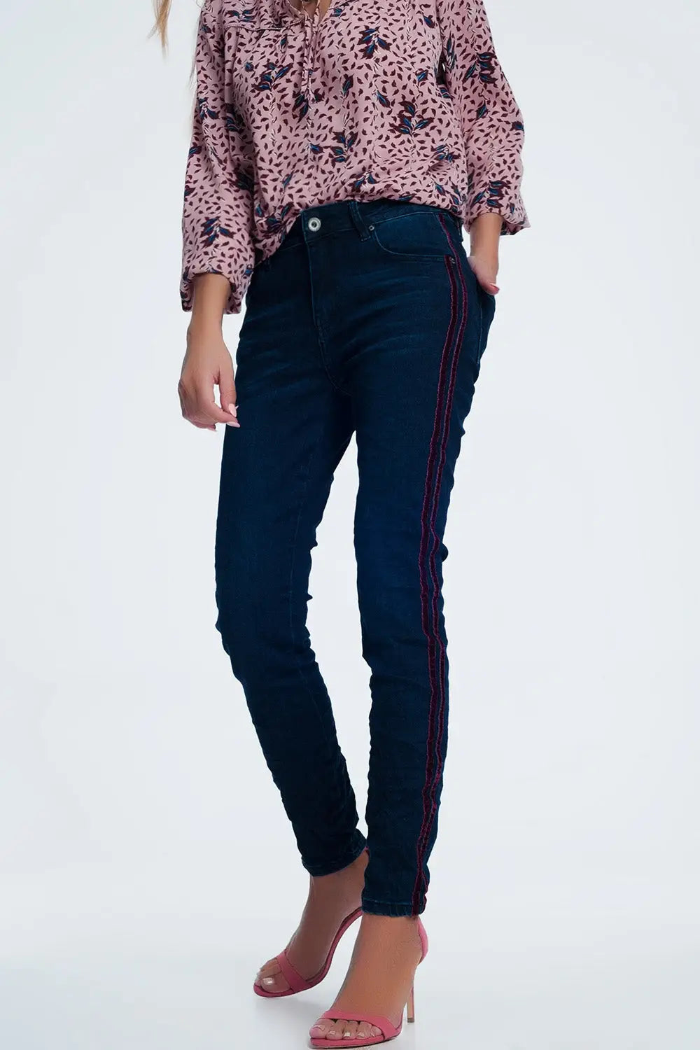 Jean skinny à rayures style sport rouge - Pantalons