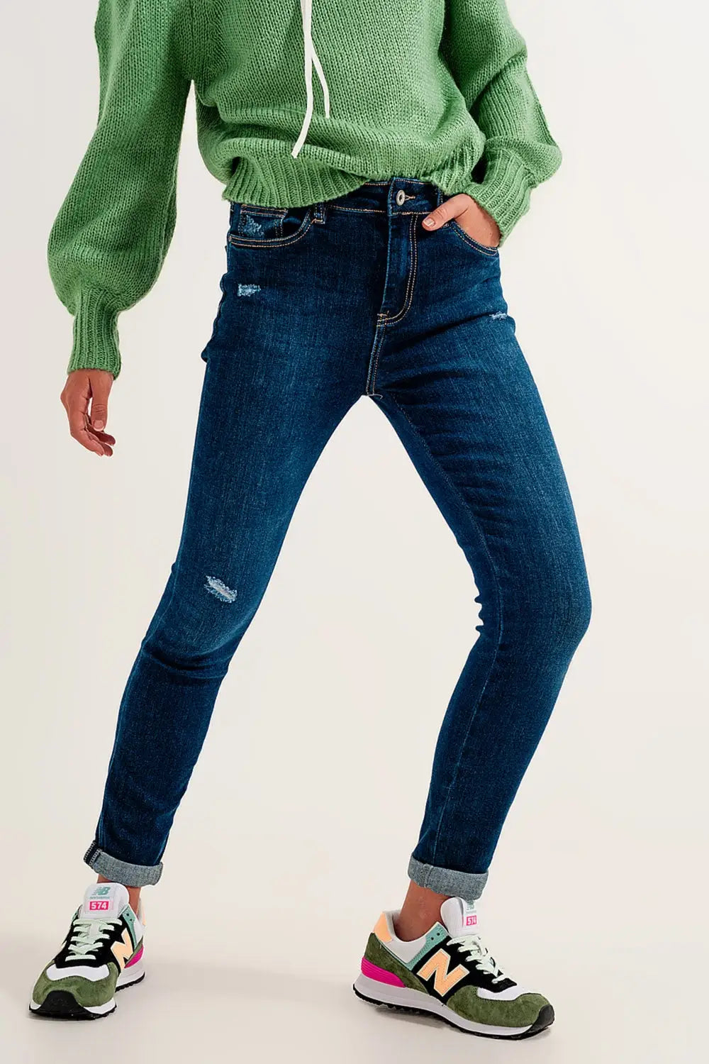 Jean Skinny à revers Bleu moyen - Pantalons