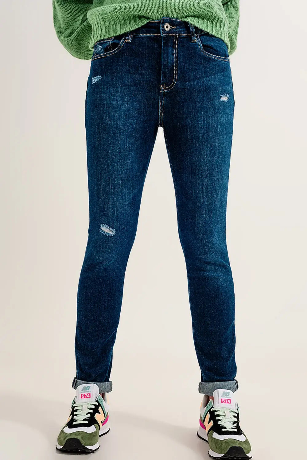 Jean Skinny à revers Bleu moyen - Pantalons