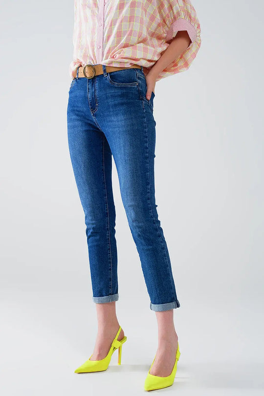 Jean skinny à taille haute délavé foncé avec cinq poches - Pantalons
