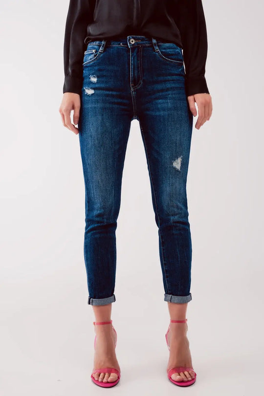 Jean skinny à taille haute et déchirures Bleu délavé moyen - Pantalons