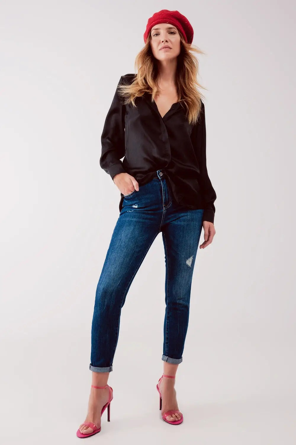 Jean skinny à taille haute et déchirures Bleu délavé moyen - Pantalons