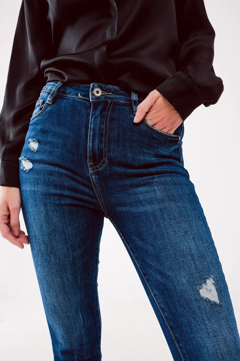 Jean skinny à taille haute et déchirures Bleu délavé moyen - Pantalons