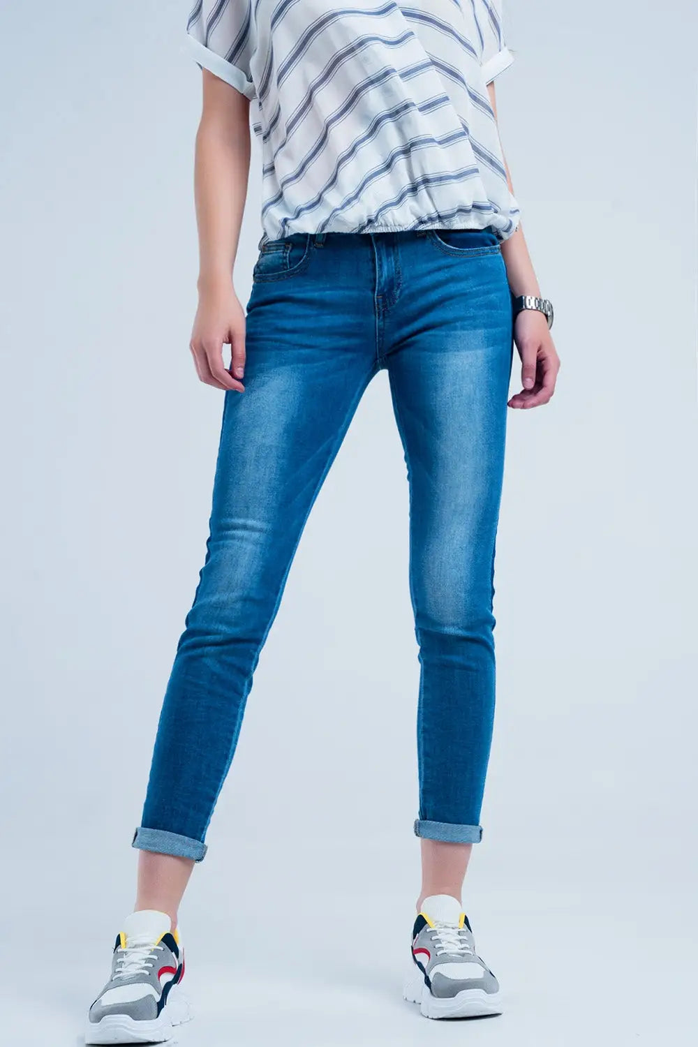 Jean skinny avec bandes bleu sur les côtés Bleu délavé - Pantalons