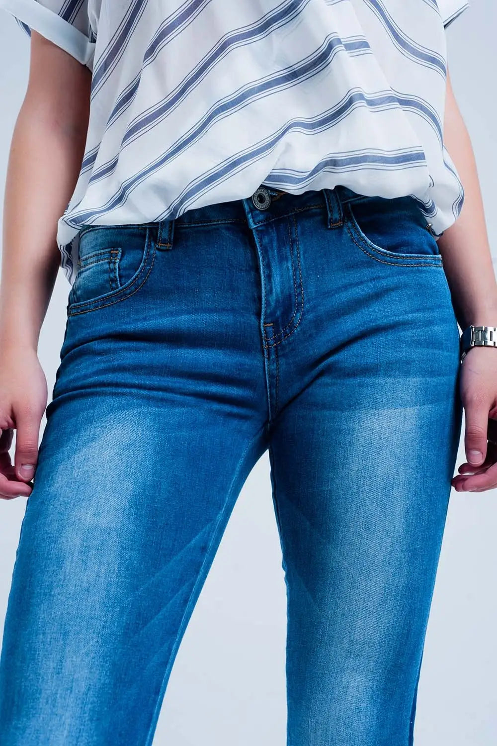 Jean skinny avec bandes bleu sur les côtés Bleu délavé - Pantalons