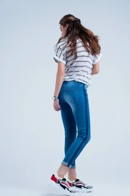 Jean skinny avec bandes bleu sur les côtés Bleu délavé - Pantalons