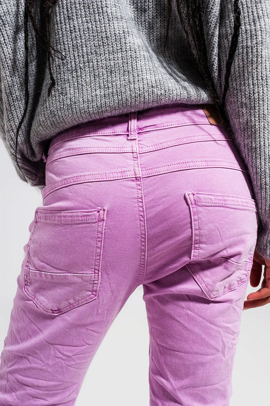 Jean skinny avec boutons visibles rose - Pantalons
