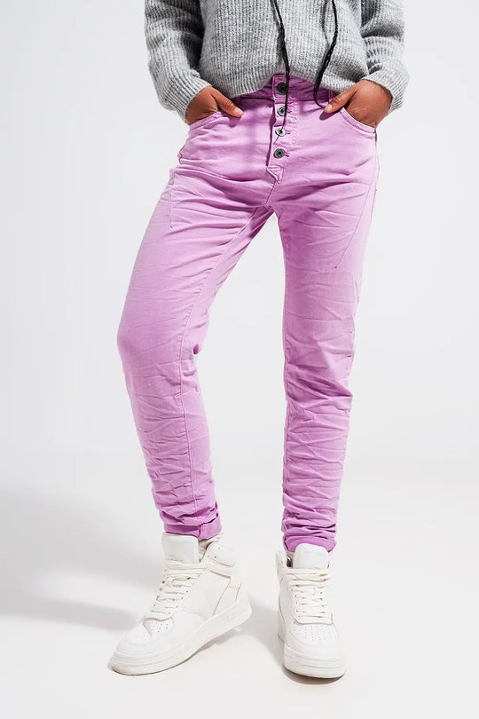 Jean skinny avec boutons visibles rose - Pantalons