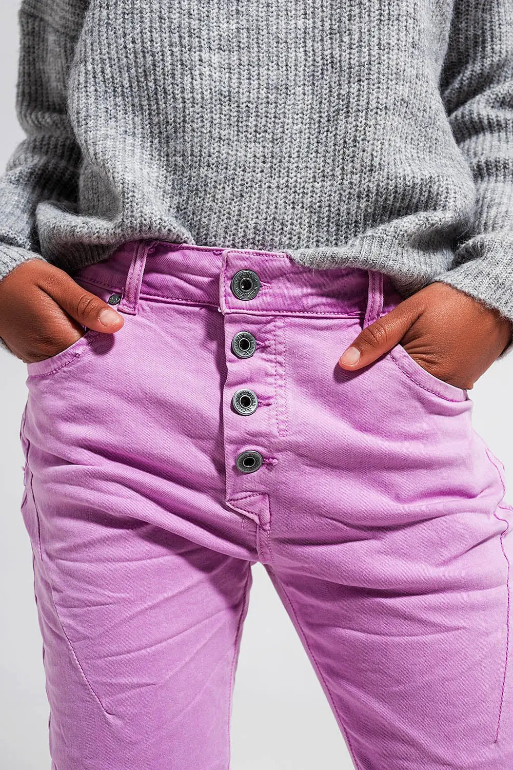 Jean skinny avec boutons visibles rose - Pantalons