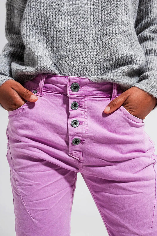 Jean skinny avec boutons visibles rose - Pantalons