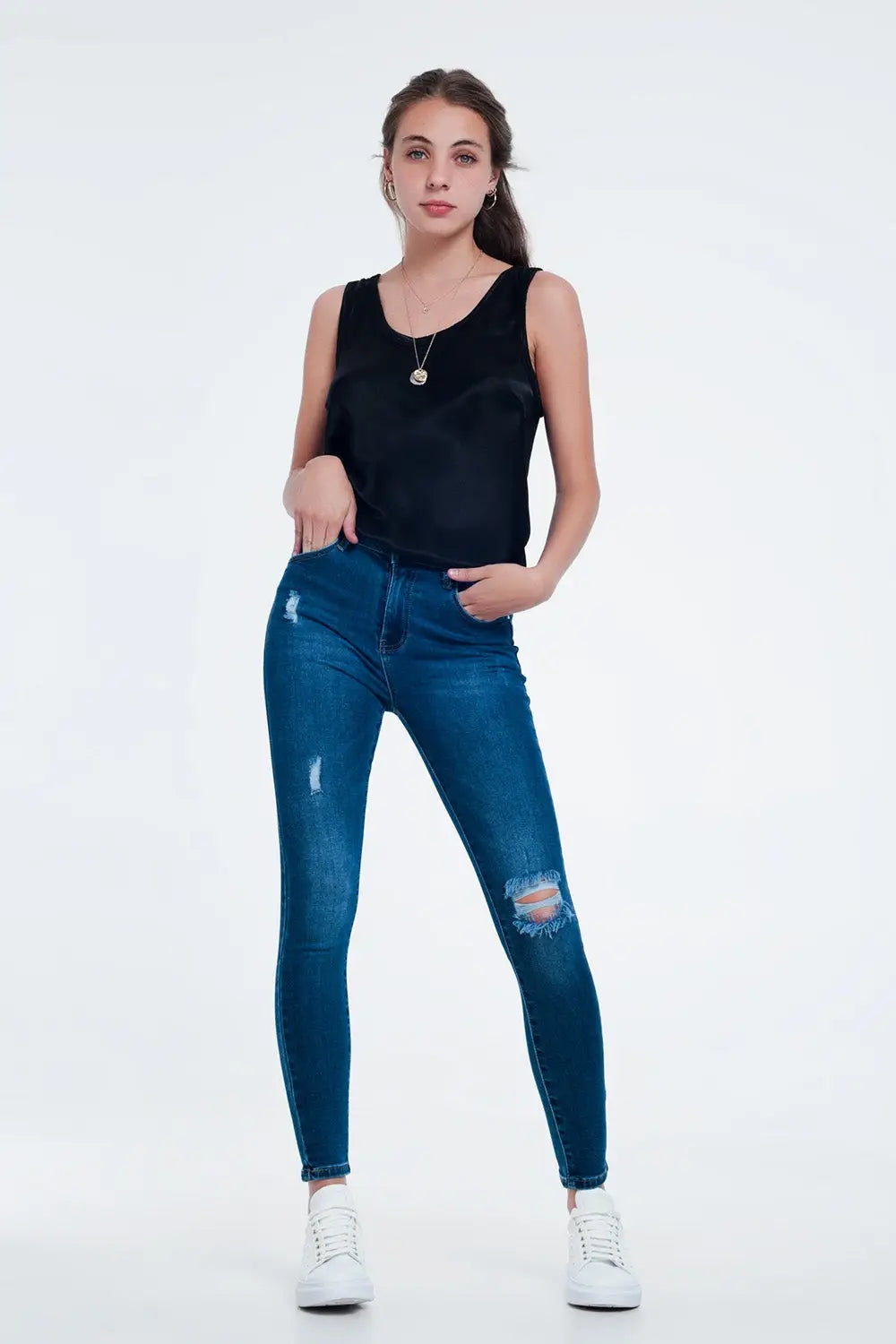 Jean skinny avec déchirures Bleu moyen - Pantalons