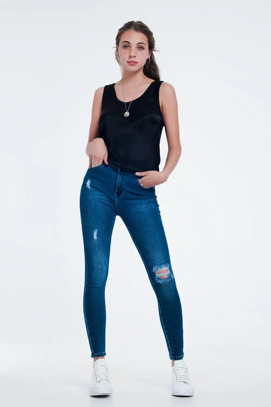 Jean skinny avec déchirures Bleu moyen - Pantalons