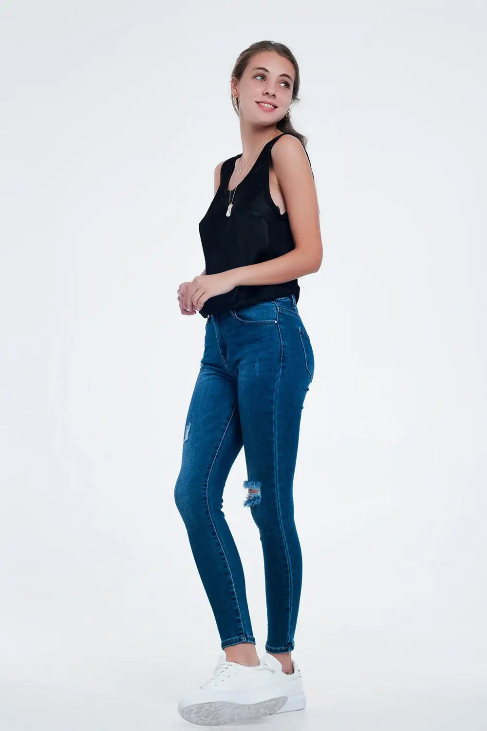 Jean skinny avec déchirures Bleu moyen - Pantalons
