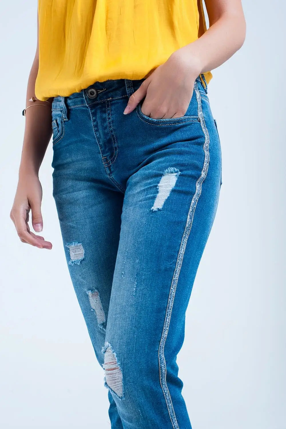 Jean skinny avec déchirures et paillettes - Pantalons