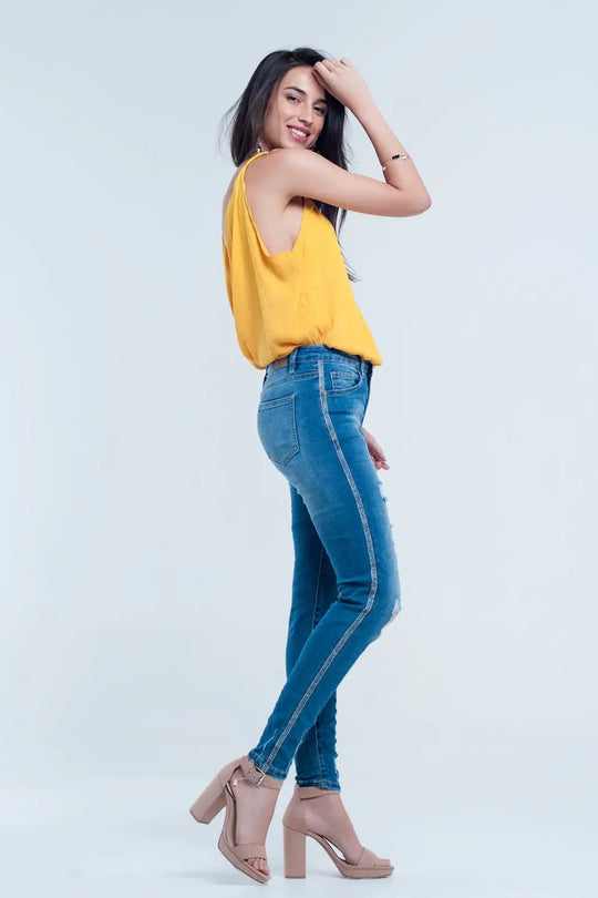 Jean skinny avec déchirures et paillettes - Pantalons
