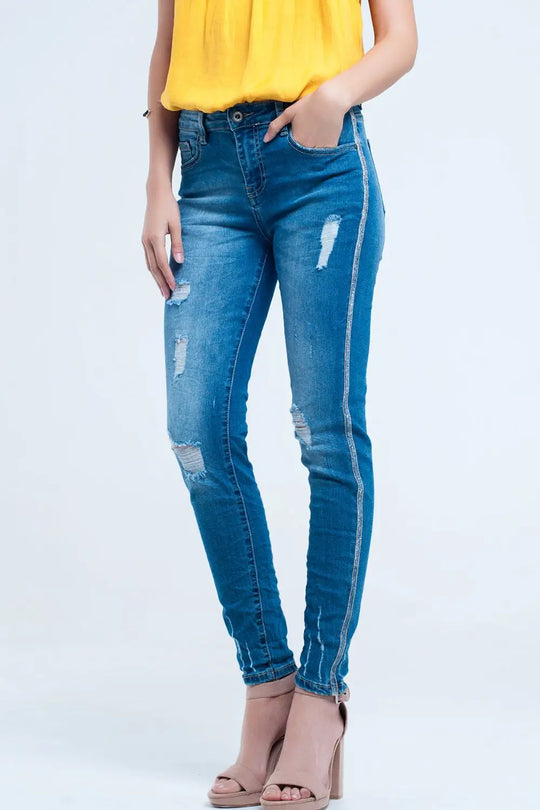 Jean skinny avec déchirures et paillettes - Pantalons