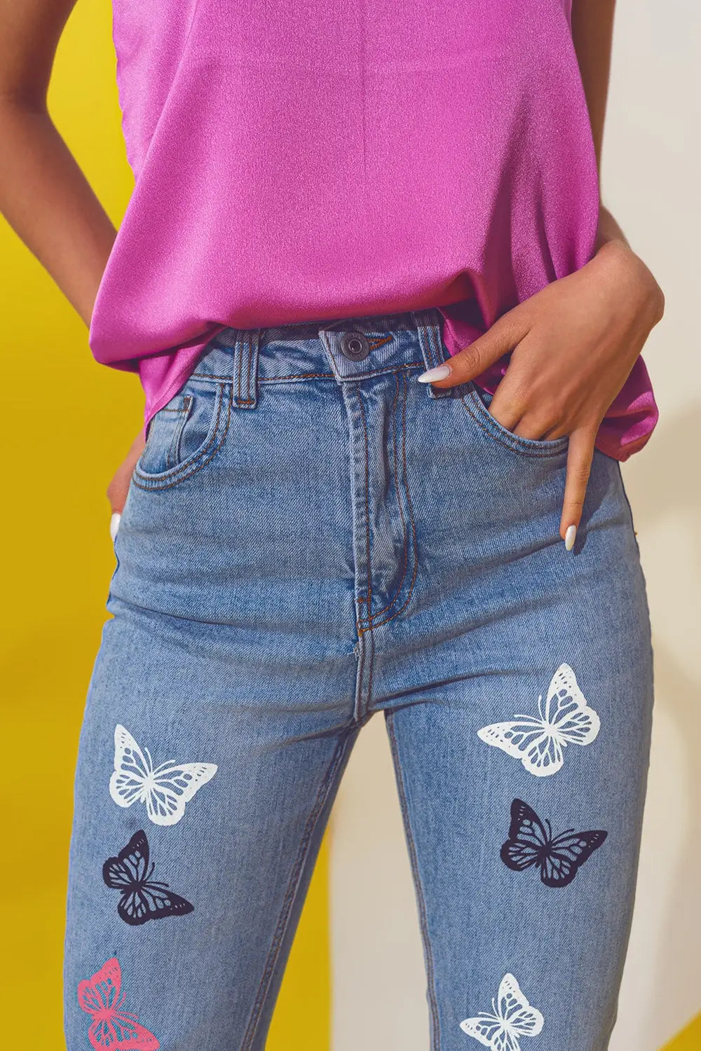 Jean skinny avec détail papillon délavé bleu clair - Pantalons