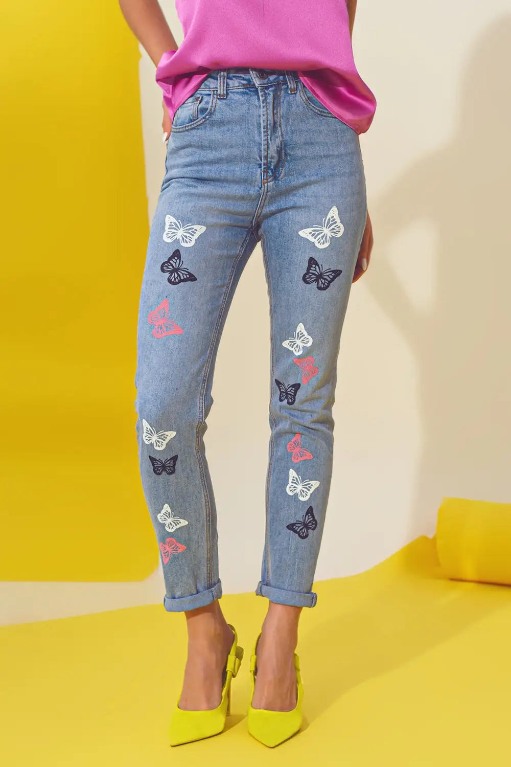 Jean skinny avec détail papillon délavé bleu clair - Pantalons
