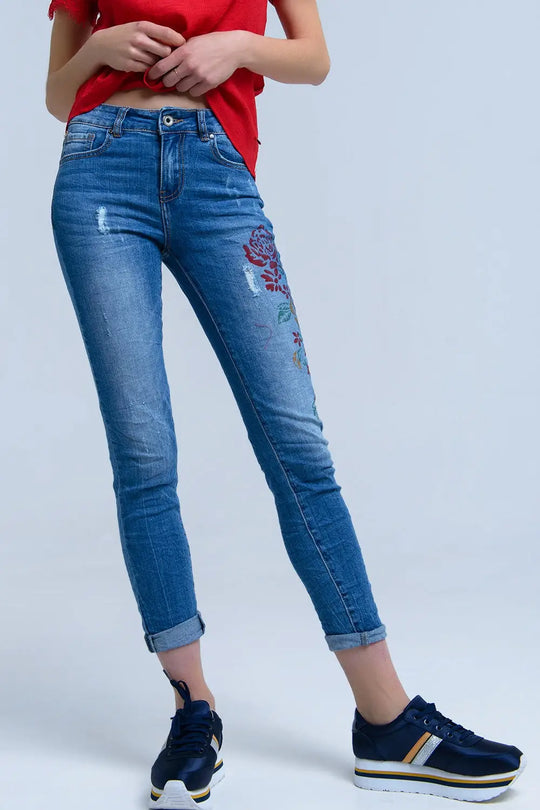 Jean skinny avec fleurs peintes - Pantalons