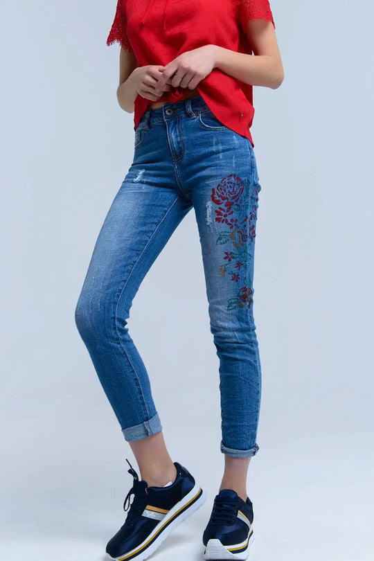 Jean skinny avec fleurs peintes - Pantalons