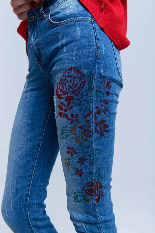 Jean skinny avec fleurs peintes - Pantalons