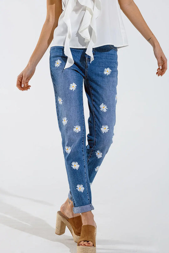 Jean skinny avec marguerites blanches imprimées délavage moyen - Pantalons