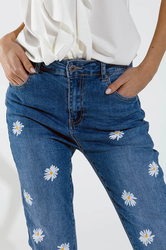 Jean skinny avec marguerites blanches imprimées délavage moyen - Pantalons
