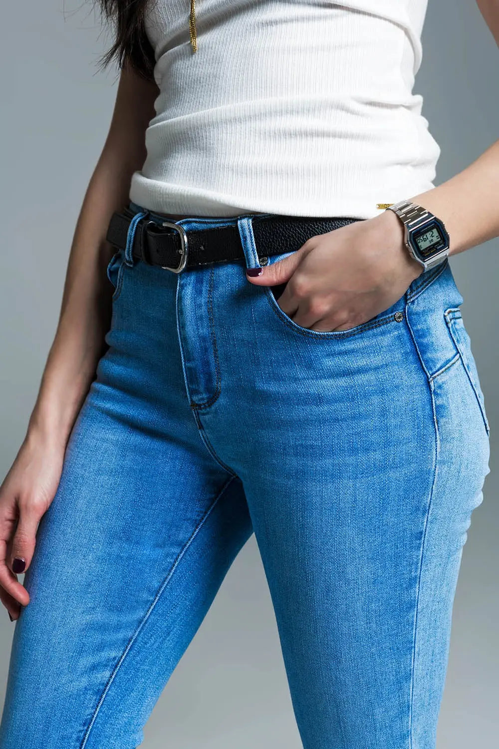 Jean skinny basique bleu clair avec fente courte à l’ourlet - Pantalons