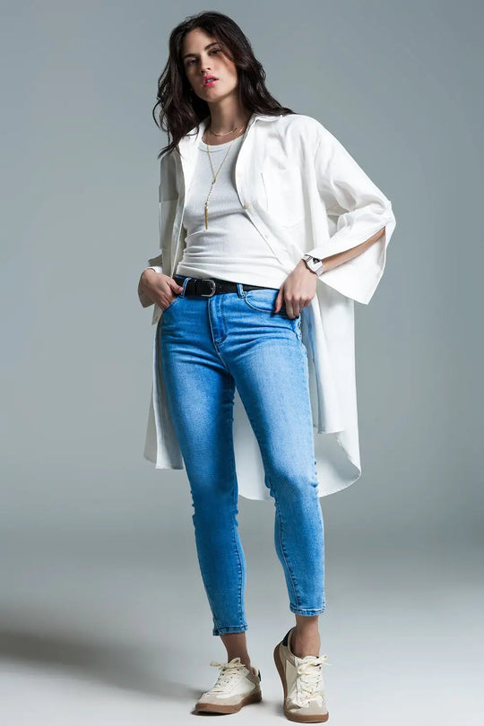 Jean skinny basique bleu clair avec fente courte à l’ourlet - Pantalons