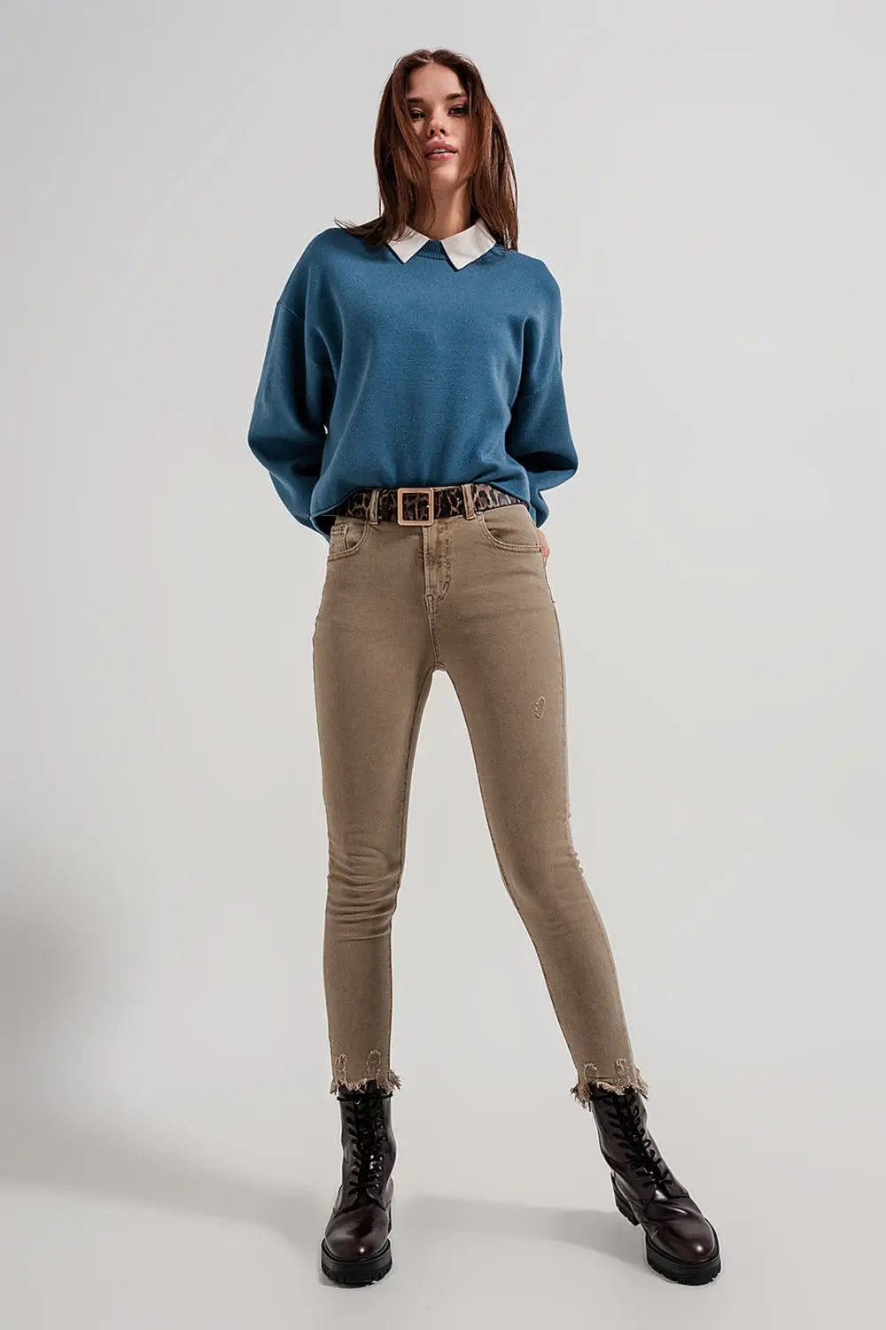 Jean skinny beige avec bords bruts - Pantalons