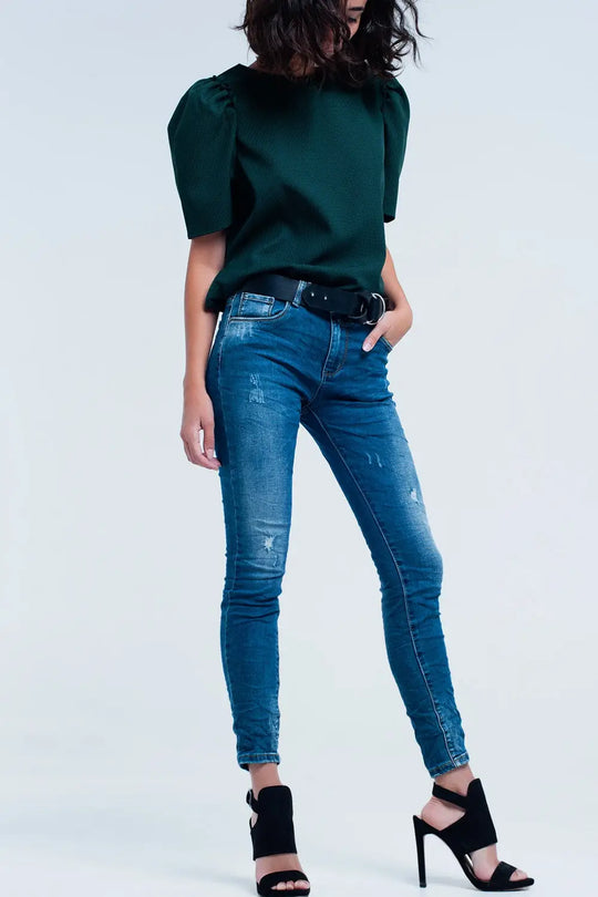 Jean skinny bleu avec des déchirures - Pantalons