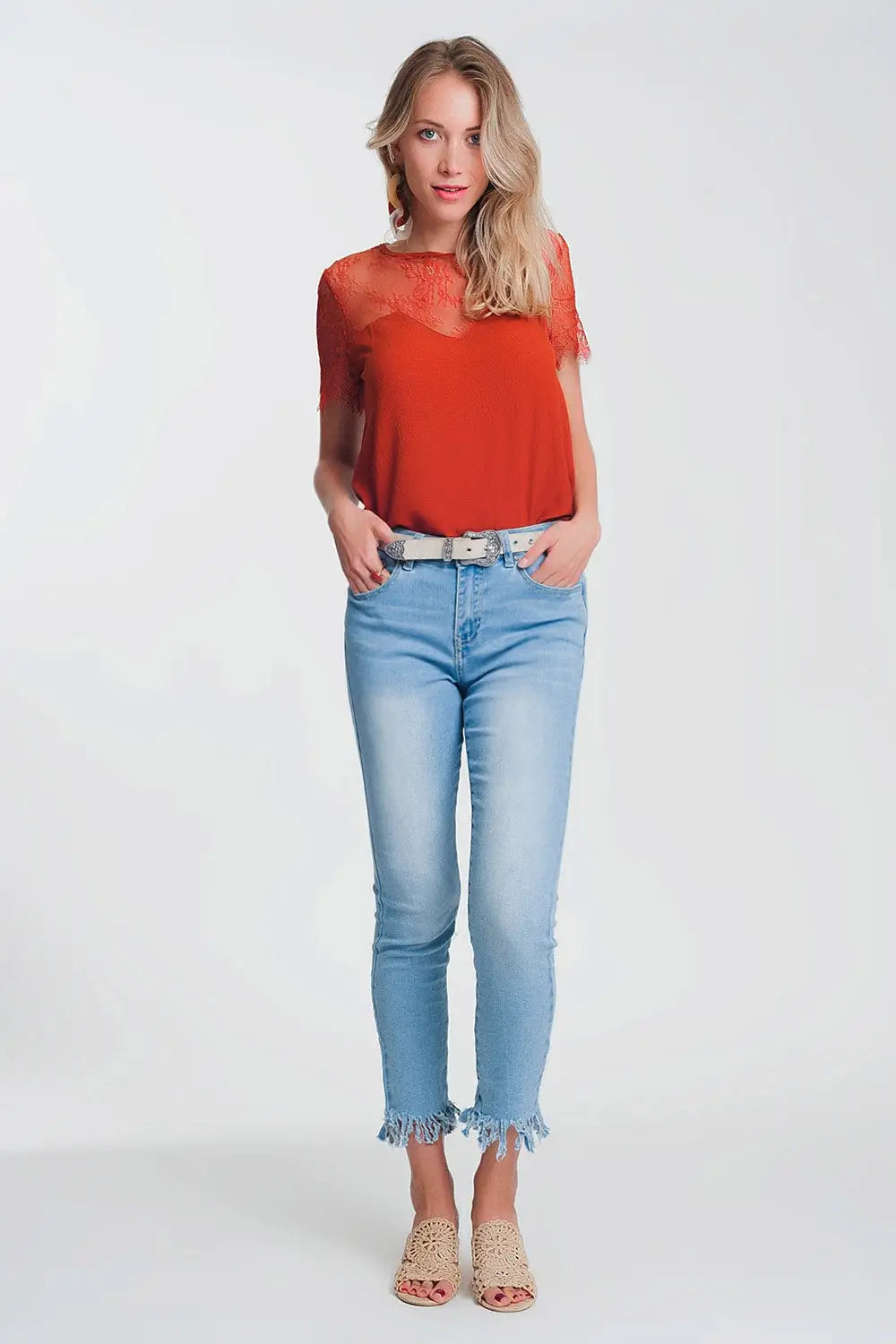 Jean skinny Bleu clair avec ourlet effiloché - Pantalons