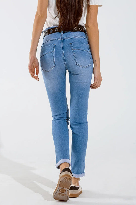 Jean skinny bleu délavé avec strass sur le devant - Pantalons