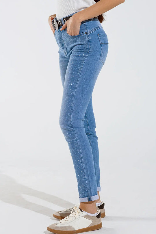 Jean skinny bleu délavé avec strass sur le devant - Pantalons