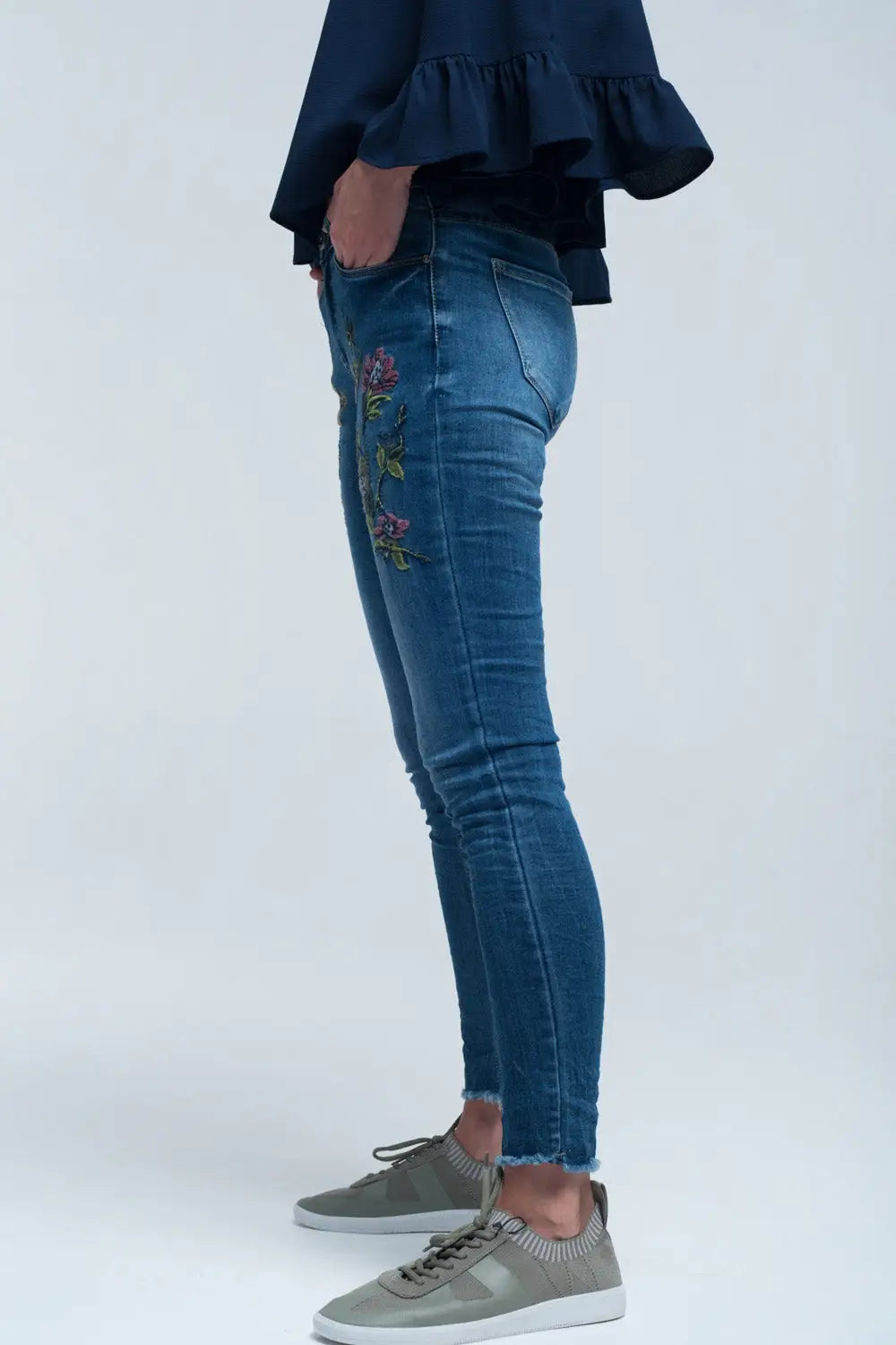 Jean skinny bleu et broderies - Pantalons