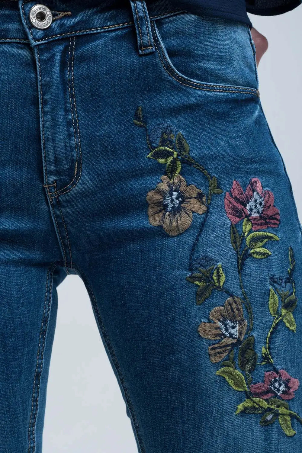 Jean skinny bleu et broderies - Pantalons
