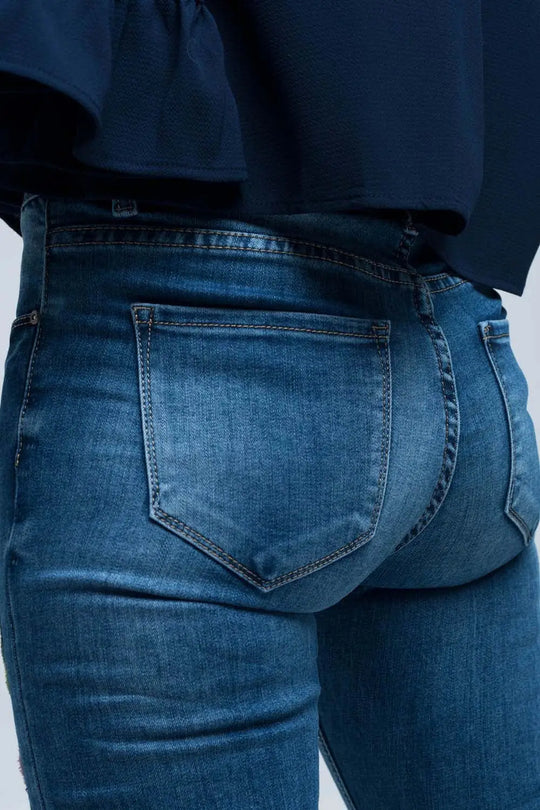 Jean skinny bleu et broderies - Pantalons