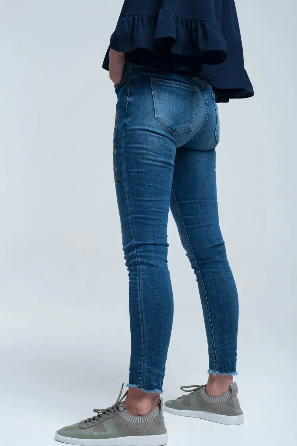 Jean skinny bleu et broderies - Pantalons