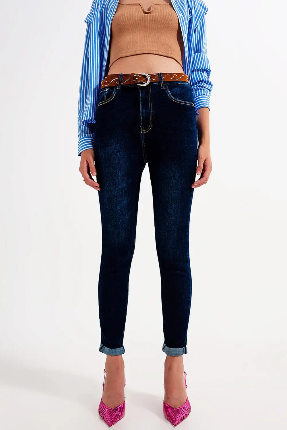 Jean skinny Bleu foncé délavé - Pantalons