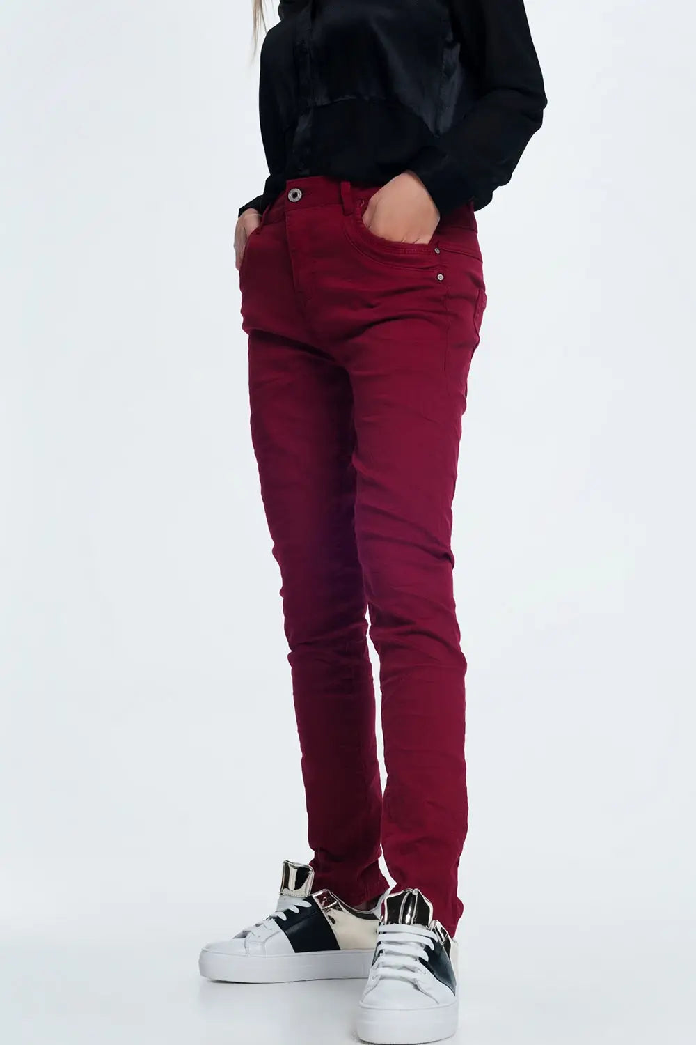 jean skinny bordeaux avec entrejambe bas - Pantalons
