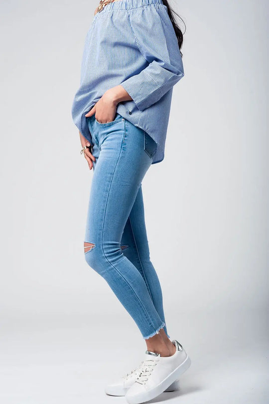 Jean skinny délavé avec découpe aux genoux - Pantalons